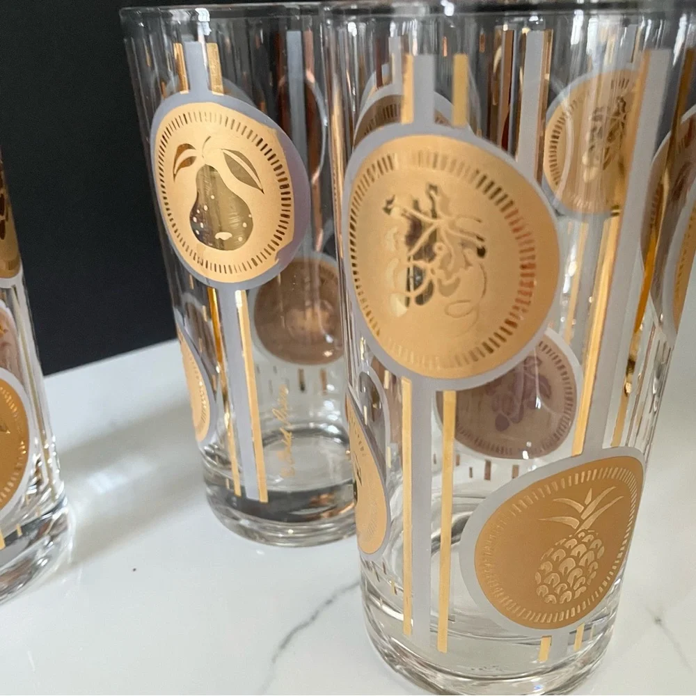 SET of 7 Gold Coin Fruit Highball Glasses by Fred Press